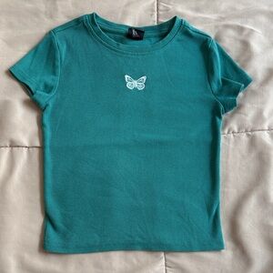 Green Kids T-Shirt with Butterfly Embroidery